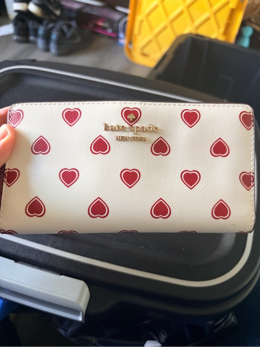kate spade cream zip-around wallet with red heart print
